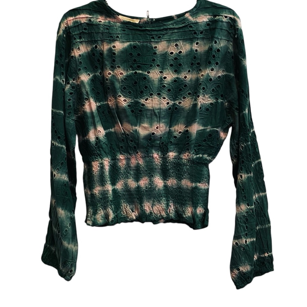 Chloe Laeticia Women’s Cottagecore Bohemian Cotton Eyelet Emerald TieDye Top sz
